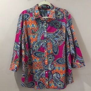 Lauren Ralph Lauren 2X Women Career Button Up Blouse Shirt Paisley Pink Orange